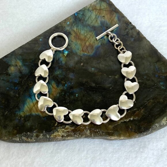 Solid Sterling Silver 925 Stacking Heart Link Toggle Clasp Bracelet Sz 6.5" 20g - Picture 2 of 16